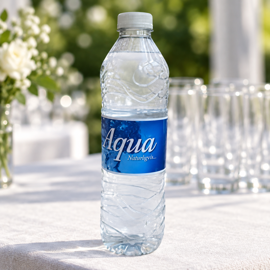 Aqua Naturligvis vandflaske på serveringsbord med glas til arrangement