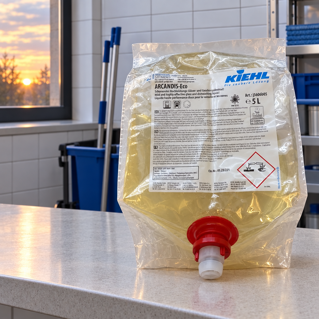 Kiehl Arcandis-Eco 5 L på klargøringsbord i rengøringsdepot med aftenlys
