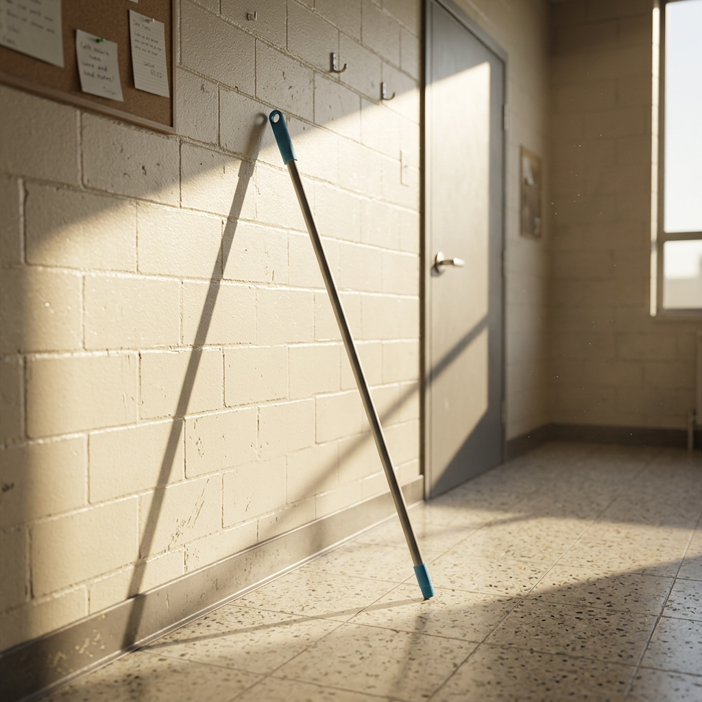 Minatol metalskaft 130 cm i solrigt rengøringsrum på skole, stemningsbillede