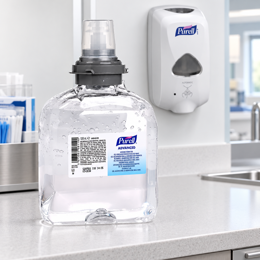 Miljøforslag med Purell TFX-gelrefill og hvid TFX-dispenser ved klinik