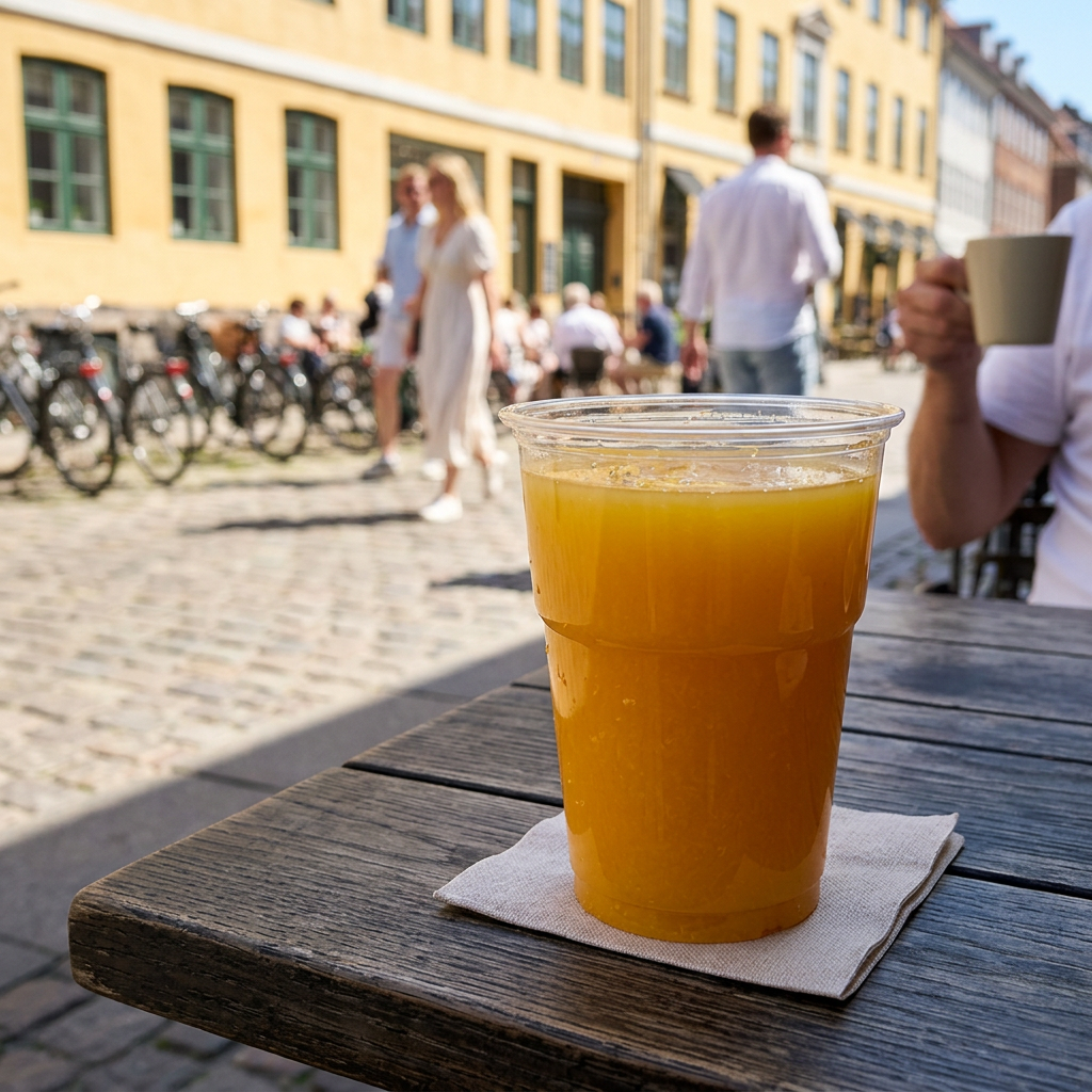Klart plastglas med juice på et cafébord i skyggen