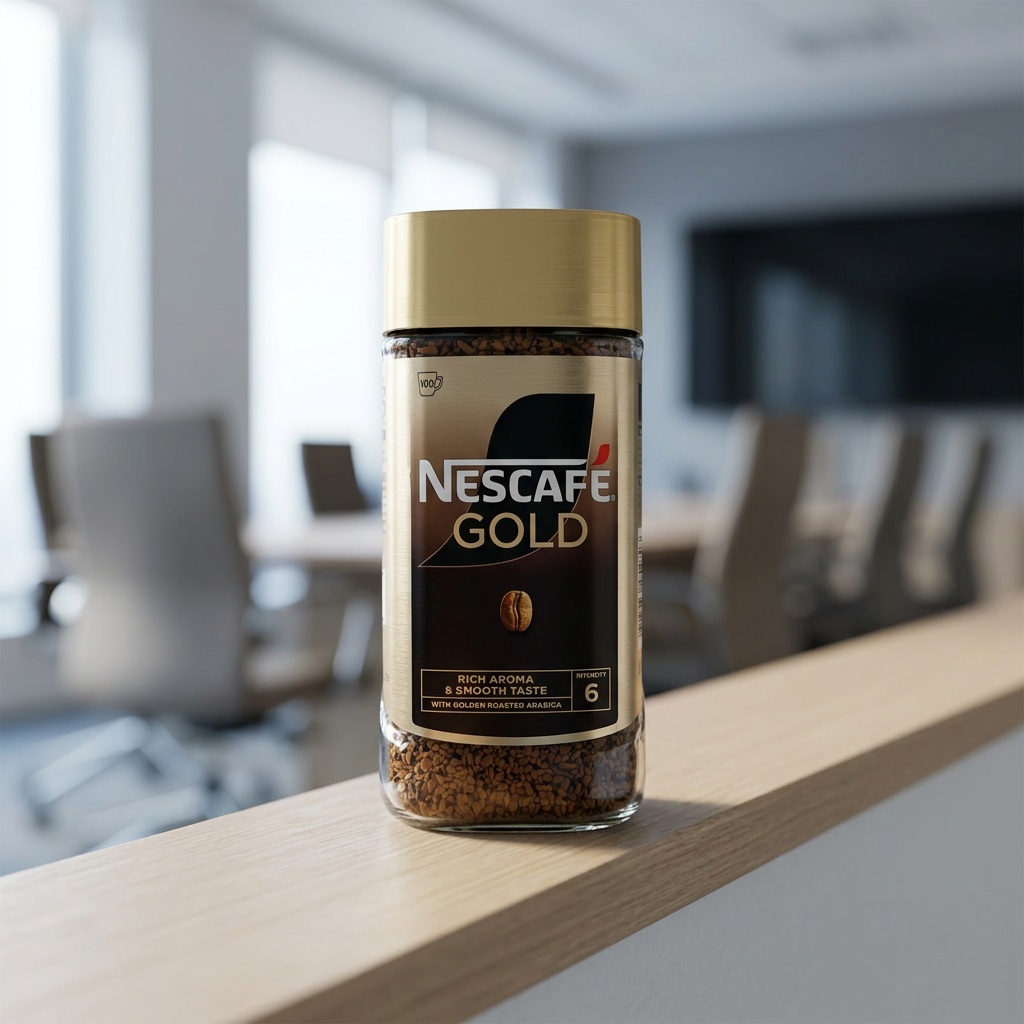 Nescafé Gold 200 g på smal træhylde ved mødelokale