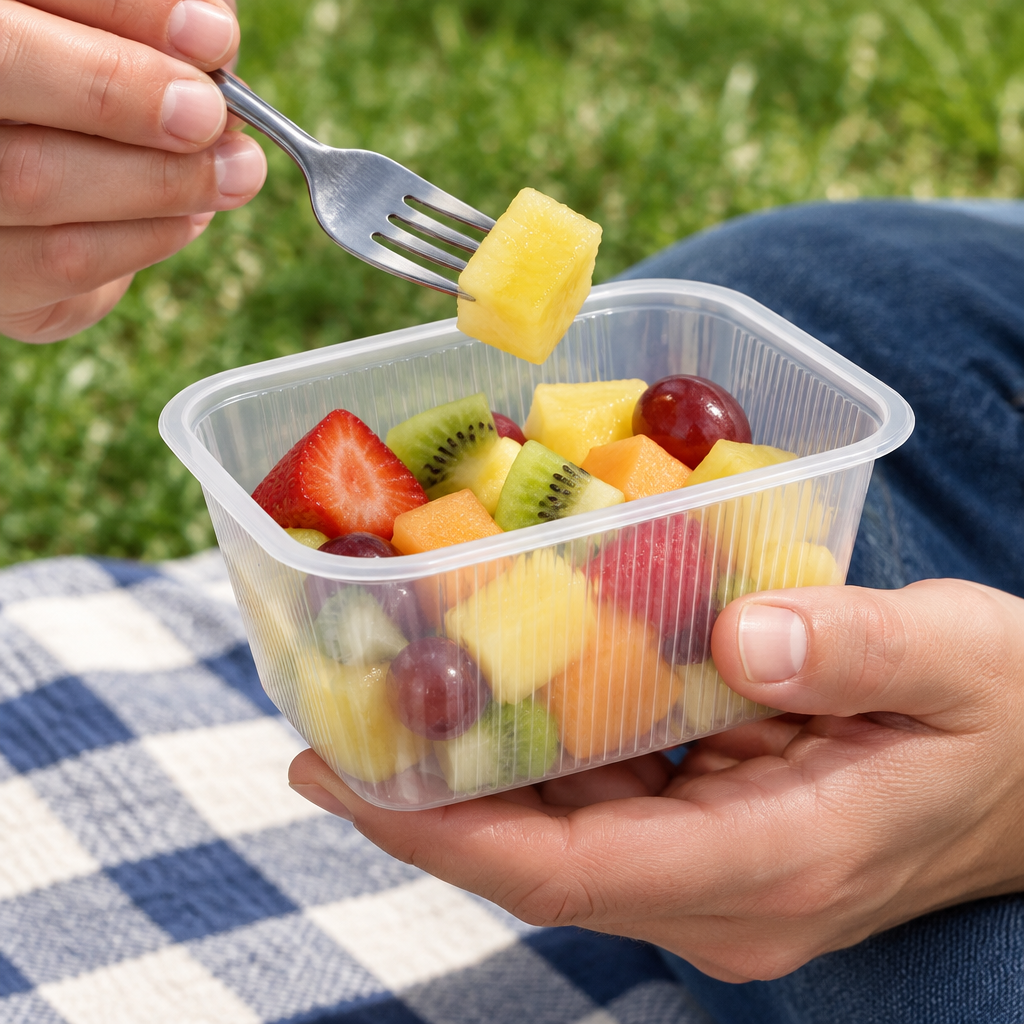 Brugssituation: frugt spises fra et lille åbent salatbæger ved en picnic