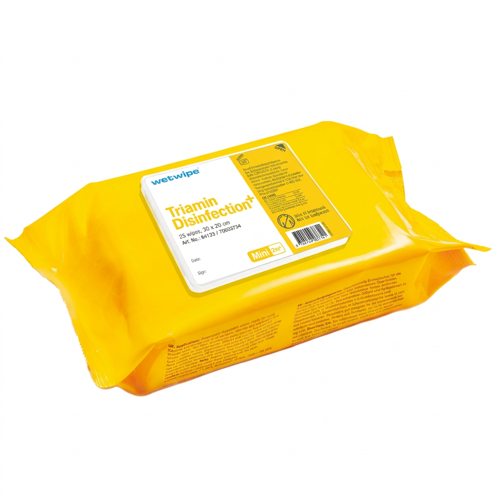 Wet Wipe Triamin Mini 84133 i gul pakke med 25 klude à 30 × 20 cm på hvid baggrund