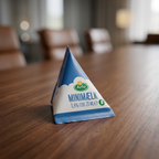 Trekantpakning med Arla minimælk på træbord i kontorets mødelokale