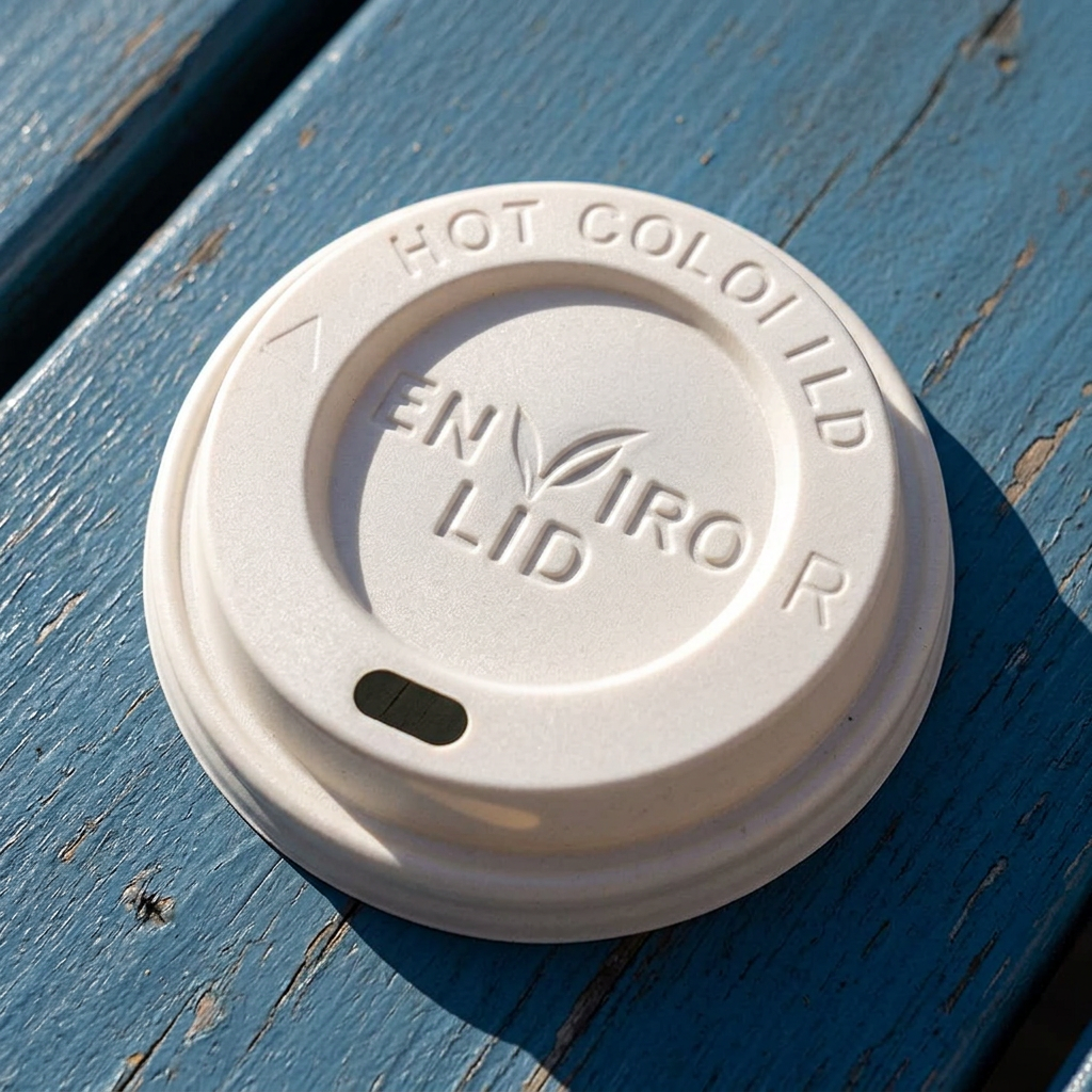 Naturhvidt drikkelåg på blåt cafébord i solskin