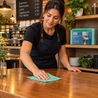 Aftørring af cafébord med grøn allround klud, stemningsbillede