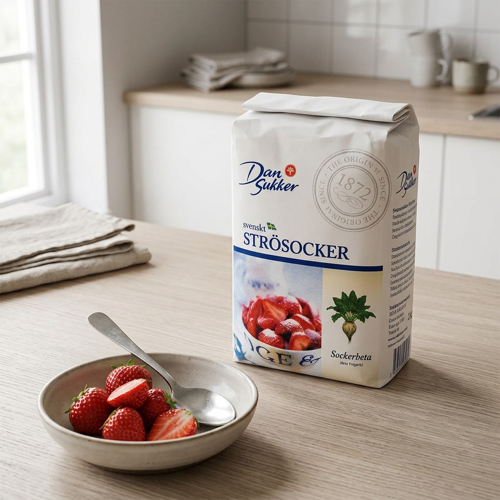Dansukker sukker 2 kg ved skål med jordbær; bær og service er ikke inkluderet