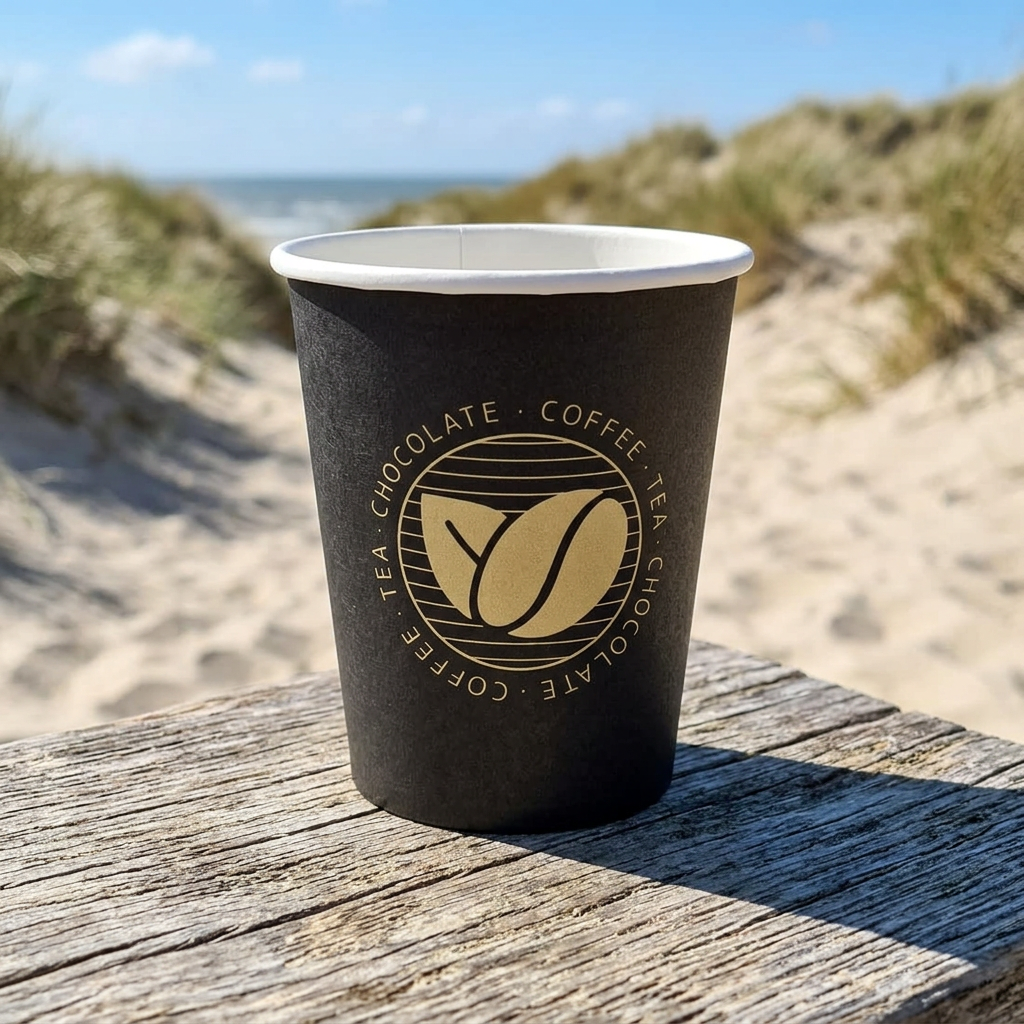 Sort Beans kaffebæger på solrigt træbord ved strand