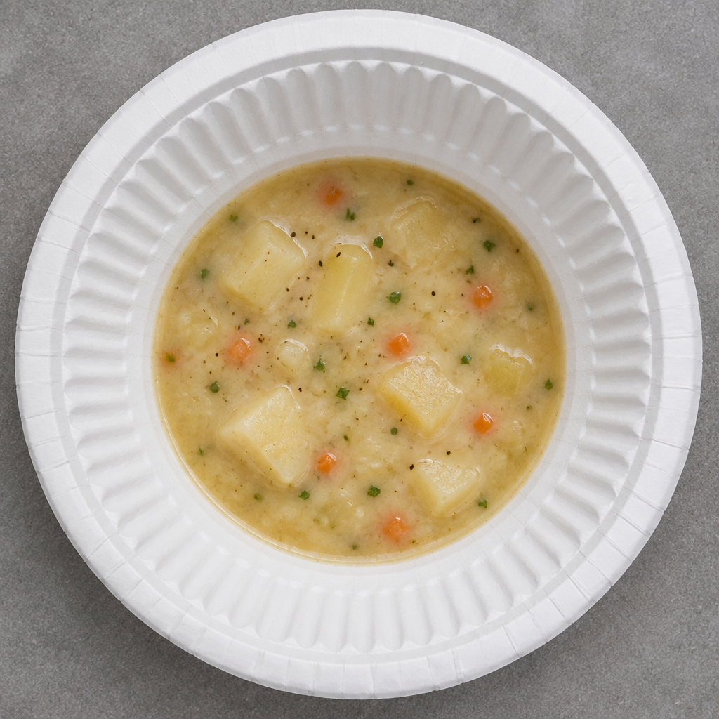 Hvid dyb paptallerken med kartoffelsuppe på gråt bord