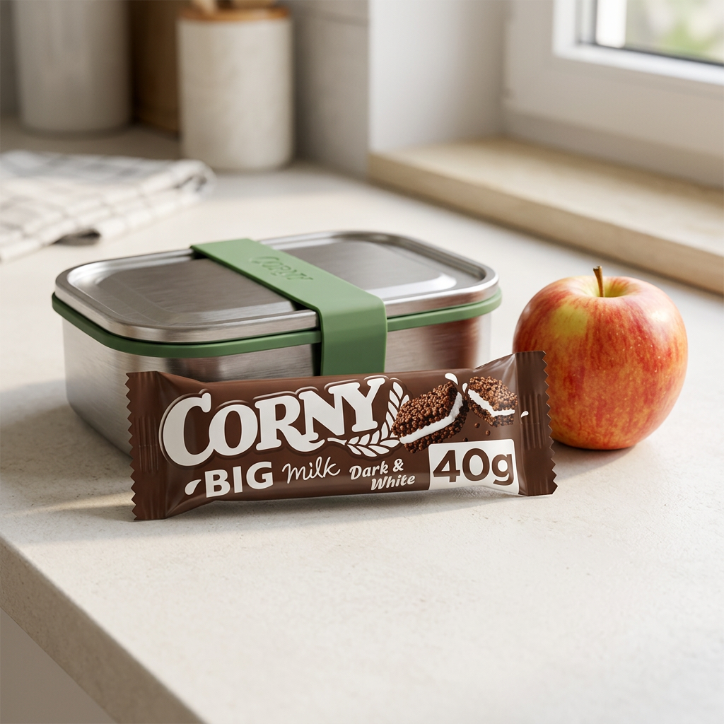 Corny Milk Dark & White 40 g ved madkasse og æble, stemningsbillede
