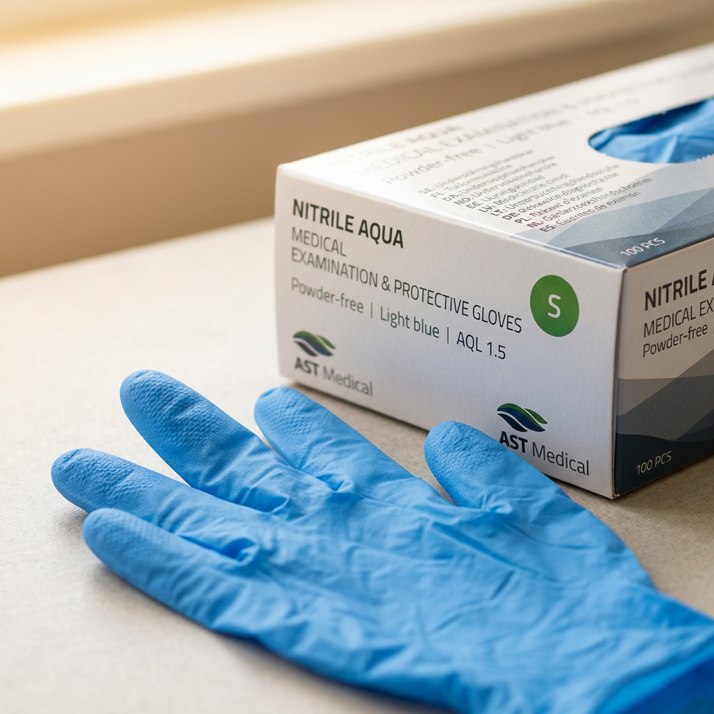 Detalje af blå nitrilhandske og Nitrile Aqua S-æske