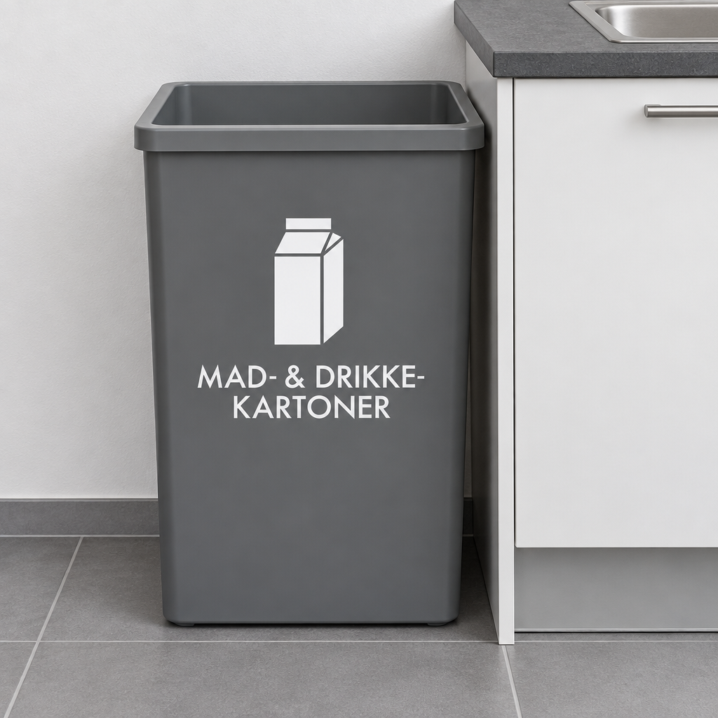 Beholder til mad- og drikkekartoner med hvid mærkning ved køkken