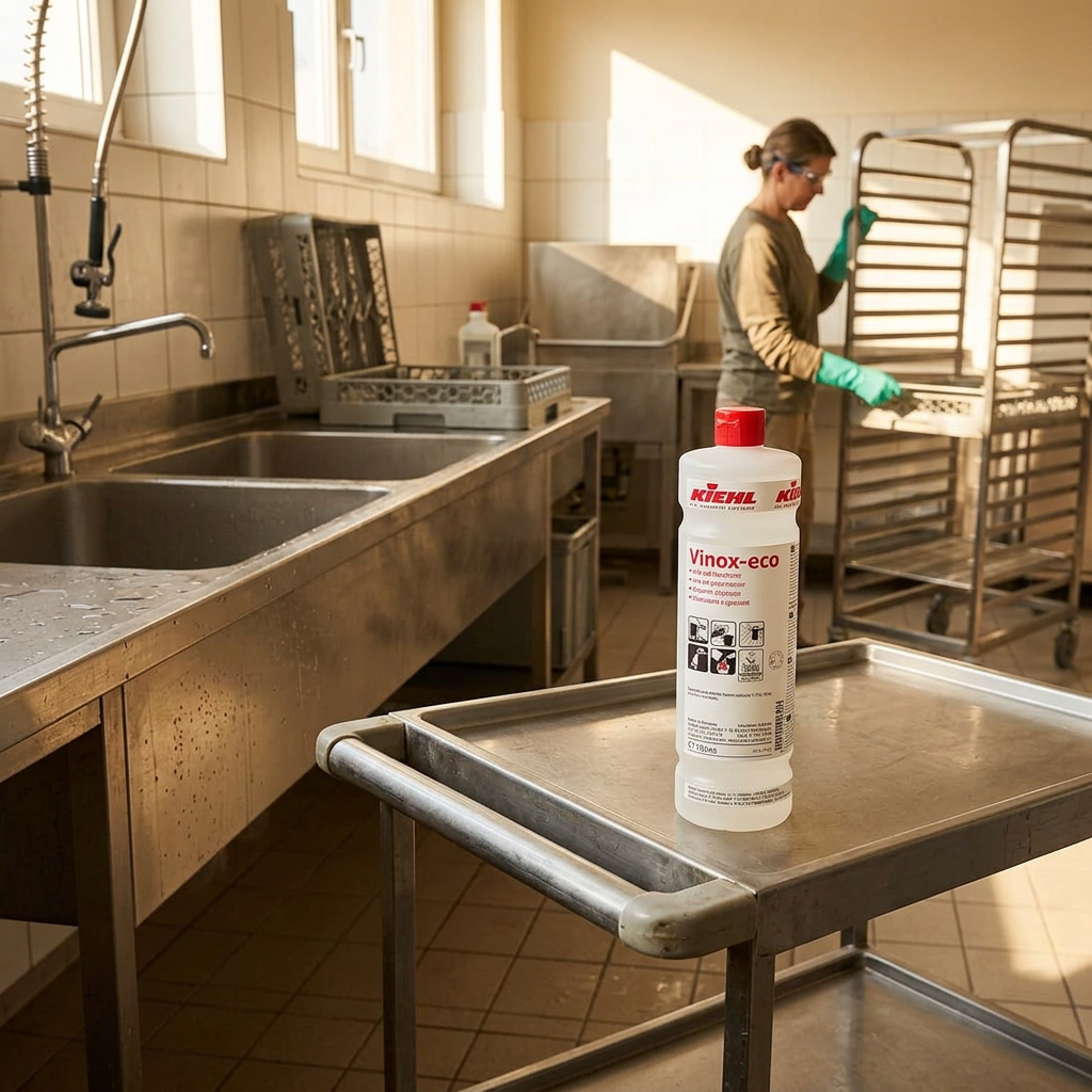 Kiehl Vinox-eco 1 L på rustfri vogn i solrigt opvaskerum med medarbejder i baggrunden, stemningsbillede