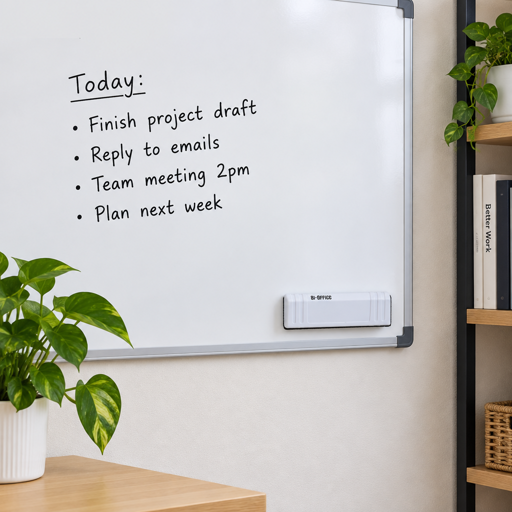 Hvid magnetisk tavlevisker sidder nederst på et whiteboard med en opgaveliste