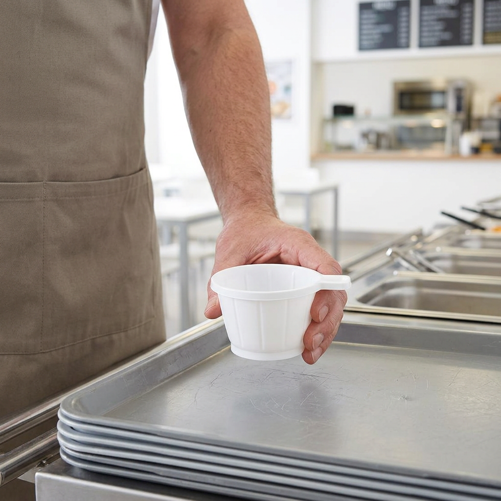 Medarbejder placerer en hvid engangskaffekop med hank på bakke i kantine