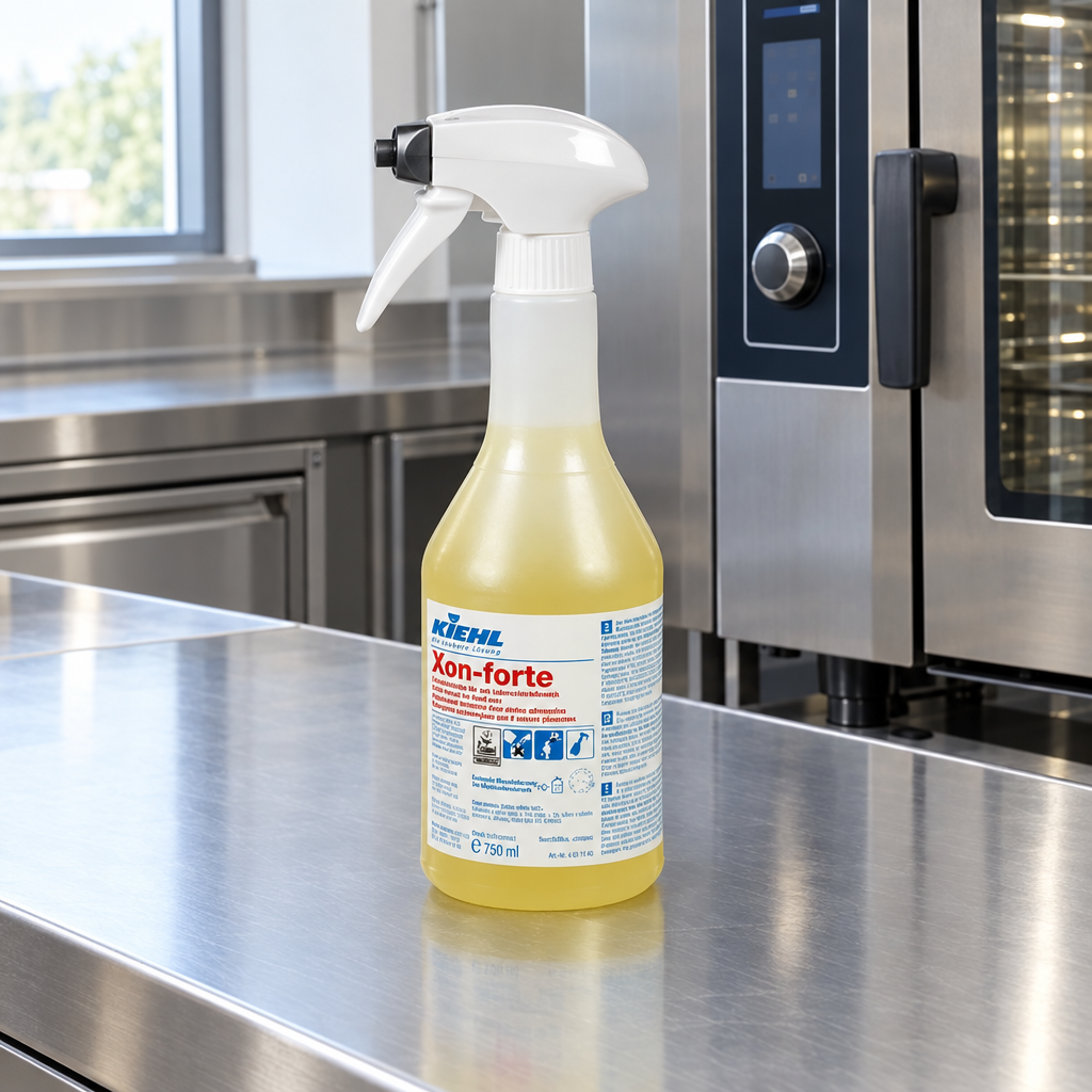 Kiehl Xon-forte 750 ml på rustfrit bord ved professionel kombiovn