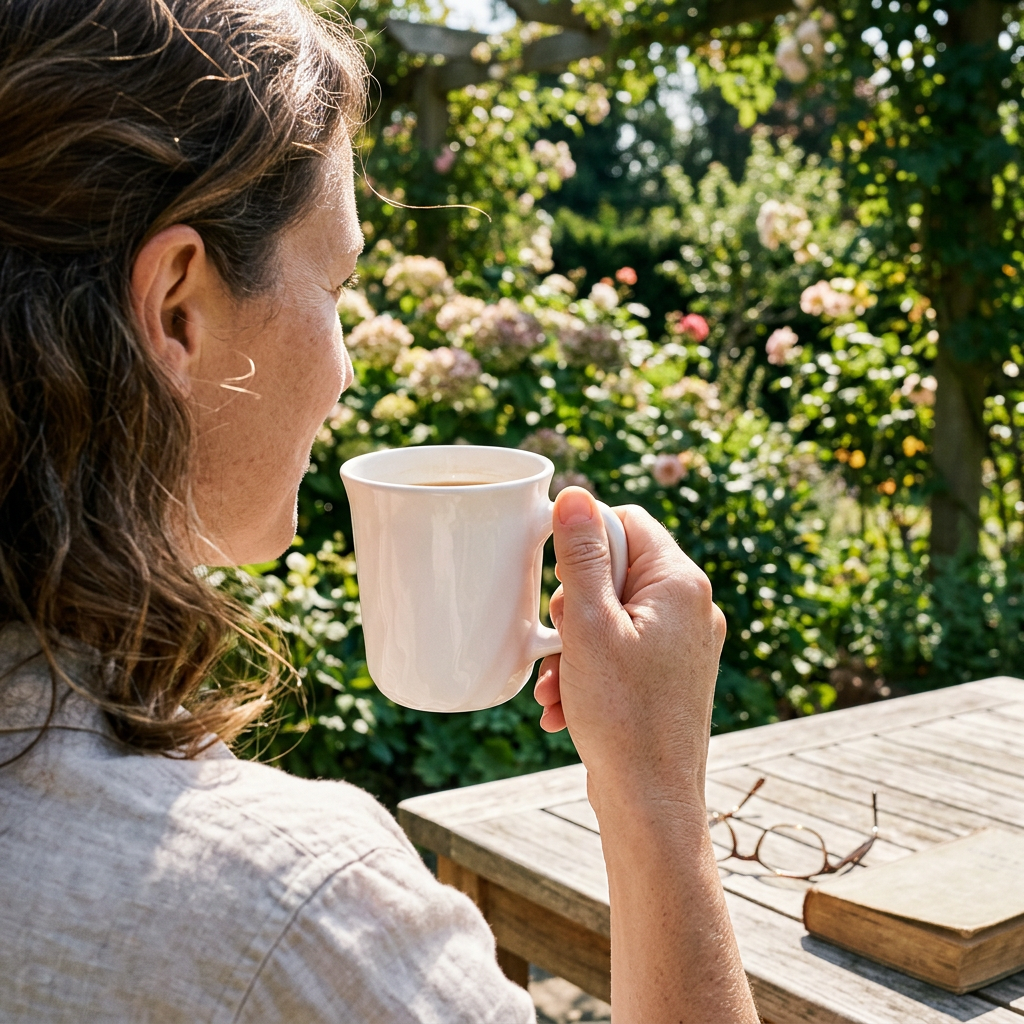 Voksen nyder kaffe i hvidt Trianon-krus i solrig have; drik og rekvisitter medfølger ikke