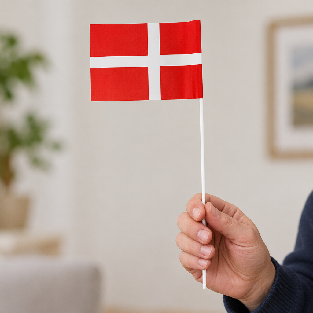 Dannebrog papirflag holdt op til en festlig hilsen