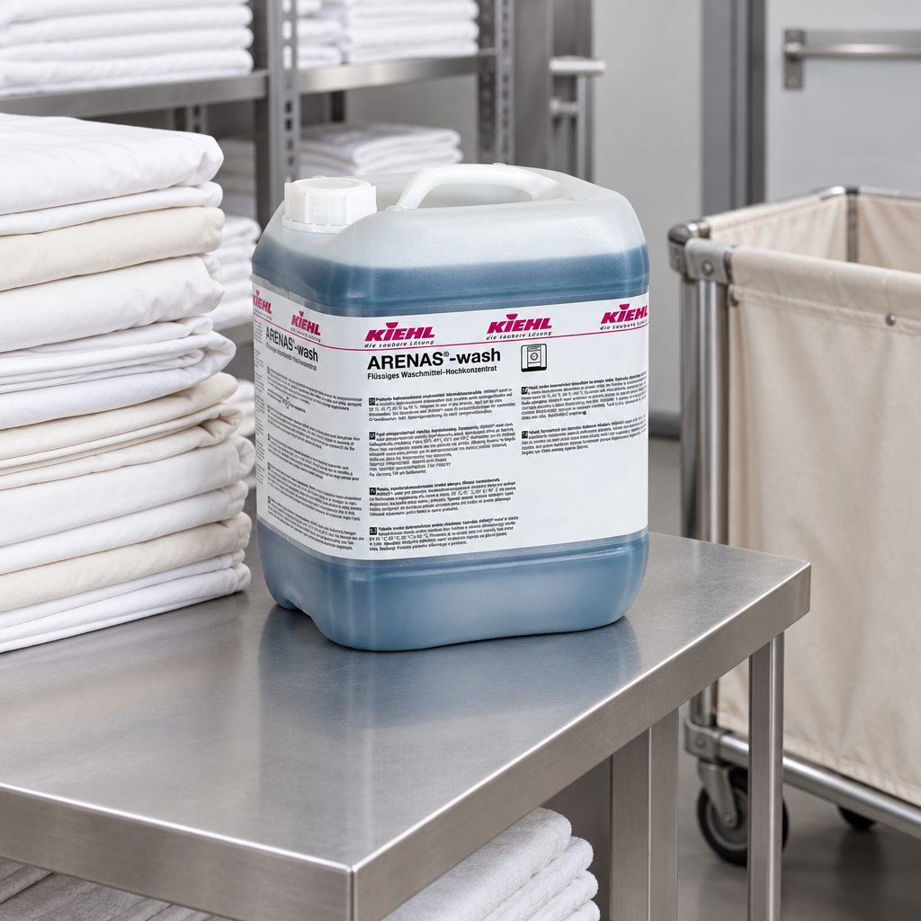 Kiehl Arenas Wash 20 L ved foldet sengelinned og vasketøjskurv