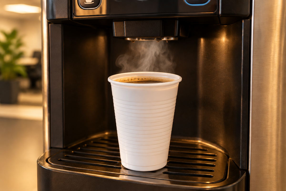 Automatbæger fyldt med varm kaffe under en kaffeautomat