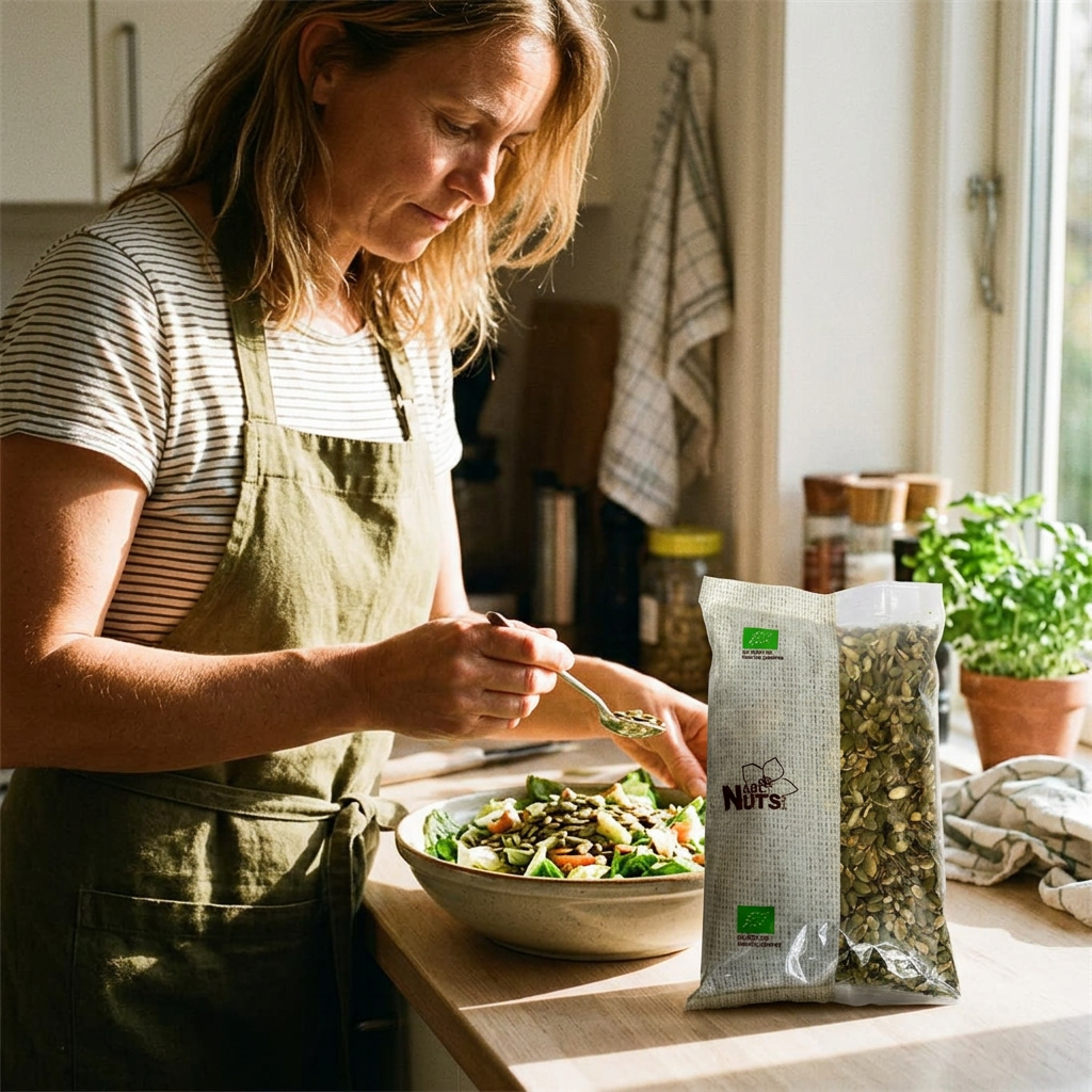 Salat tilberedes med græskarkerner ABL Nuts i et sollyst køkken