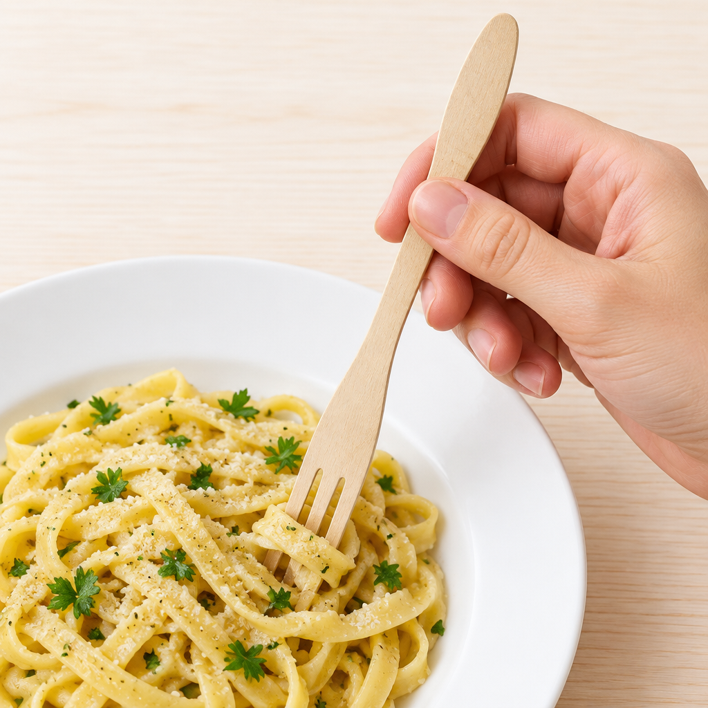 Engangsgaffel i birketræ i brug ved pasta på hvid tallerken
