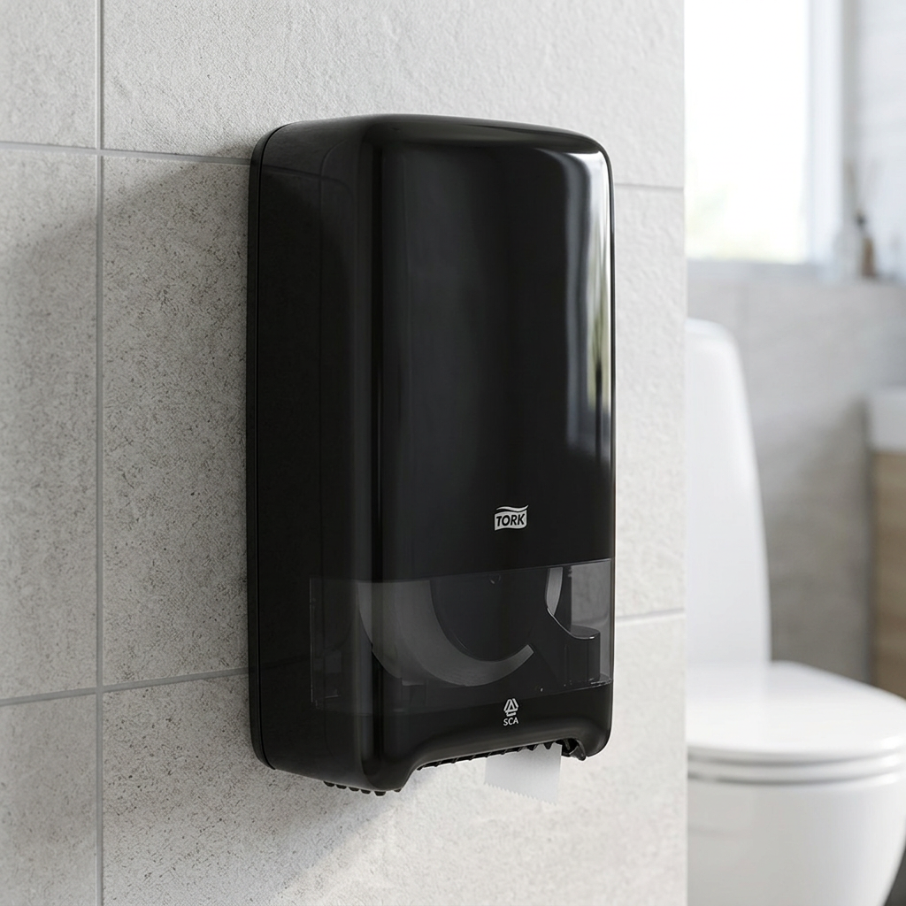 Sort Tork T6 Twin-dispenser på lysegrå fliser med toilet i baggrunden