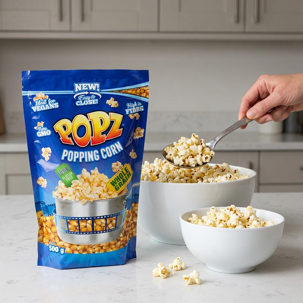 Popcorn serveres i en mindre skål ved Popz posen med majskerner
