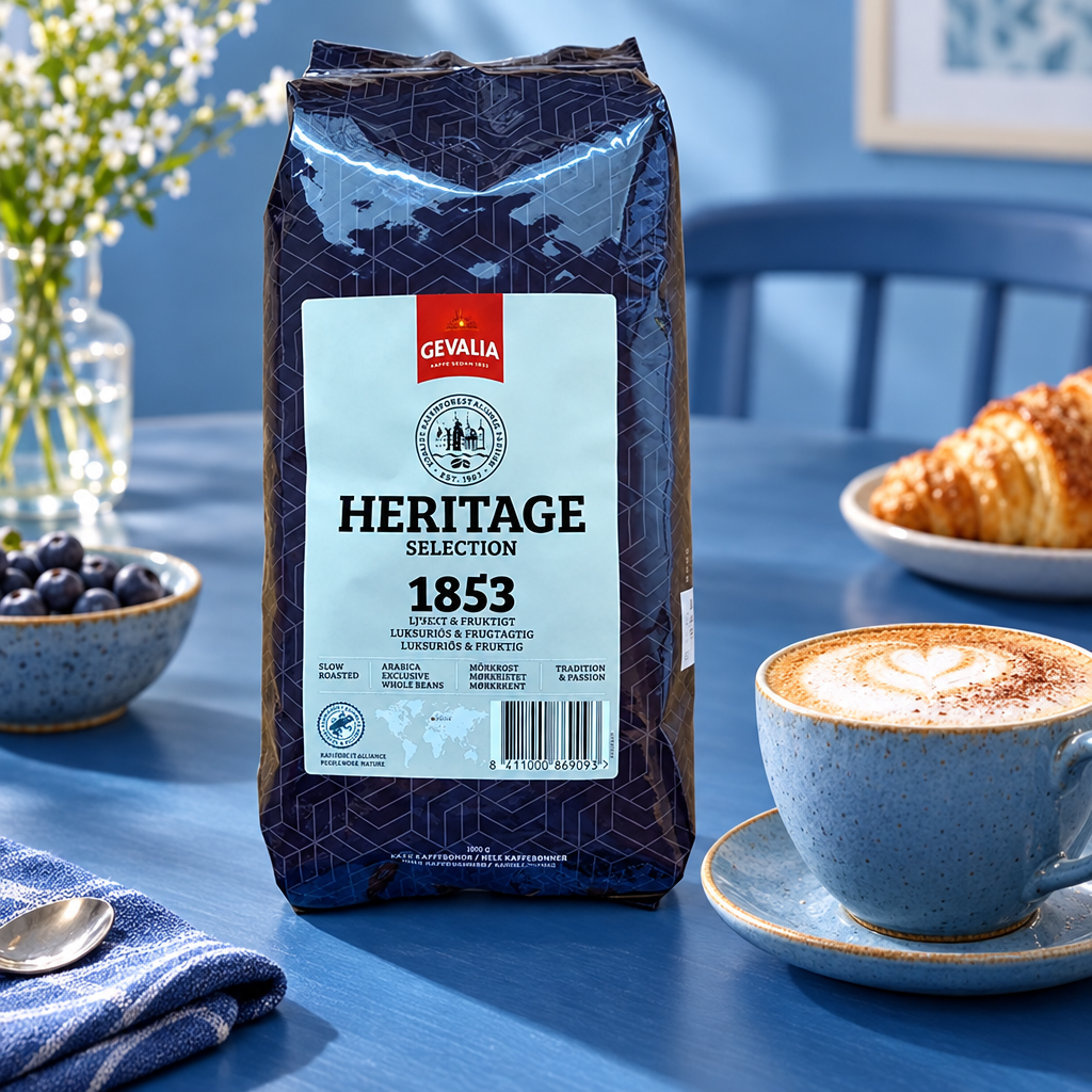 Gevalia 1853 mørkristede kaffebønner ved cappuccino på blåt morgenbord, stemningsbillede
