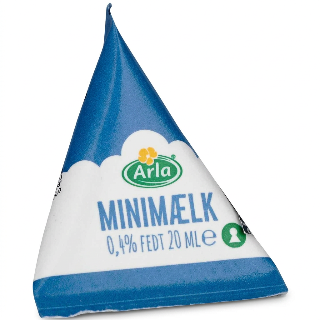 Arla minimælk 0,4 % i blå og hvid trekantpakning, 20 ml