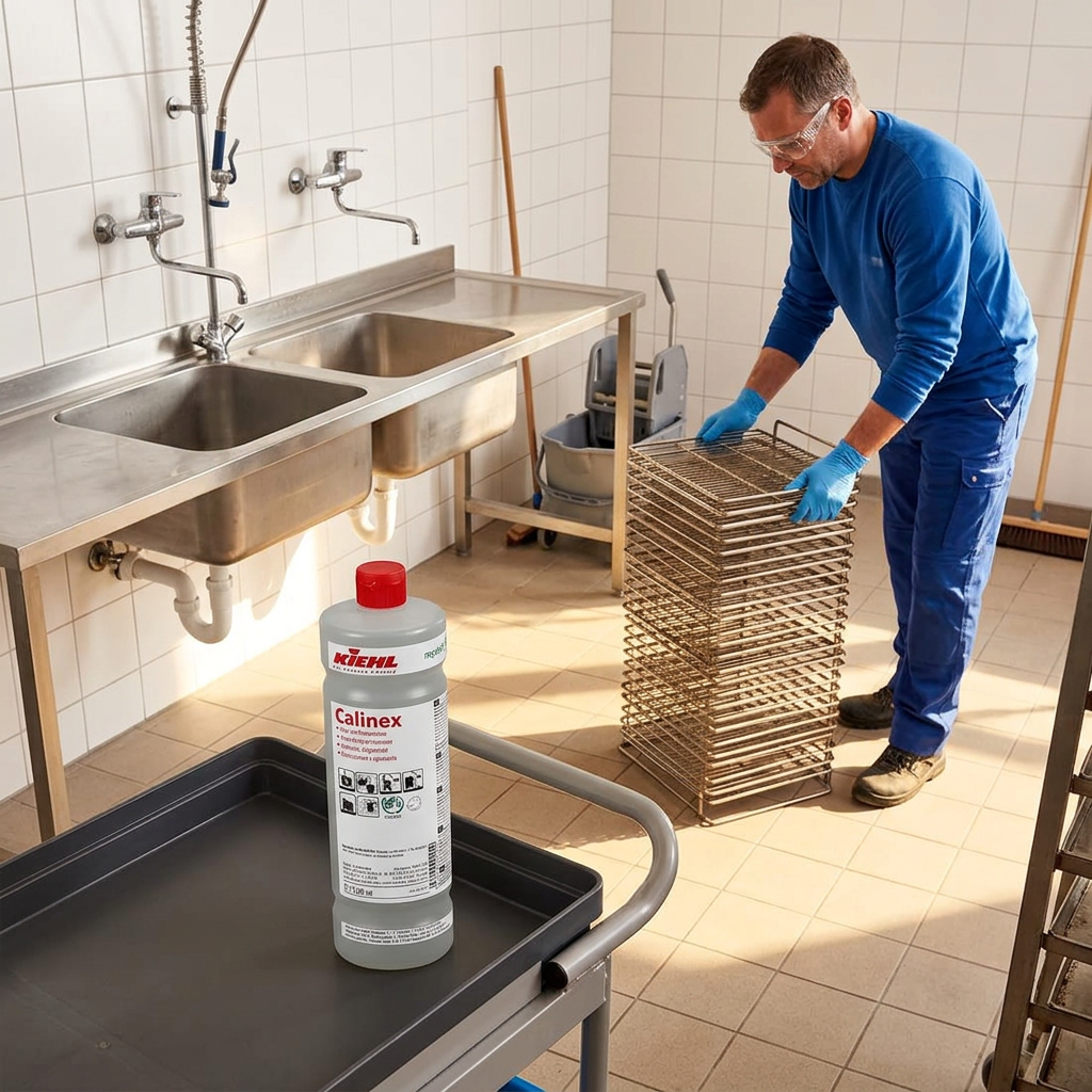 Kiehl Calinex 1 L på rengøringsvogn i solrigt opvaskerum med medarbejder ved metalriste, stemningsbillede