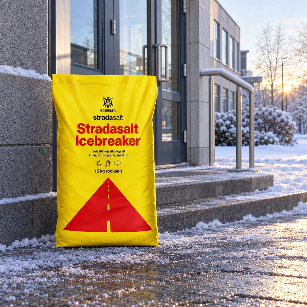 Gul Stradasalt Icebreaker 15 kg sæk ved institutionsindgang i vinterlys