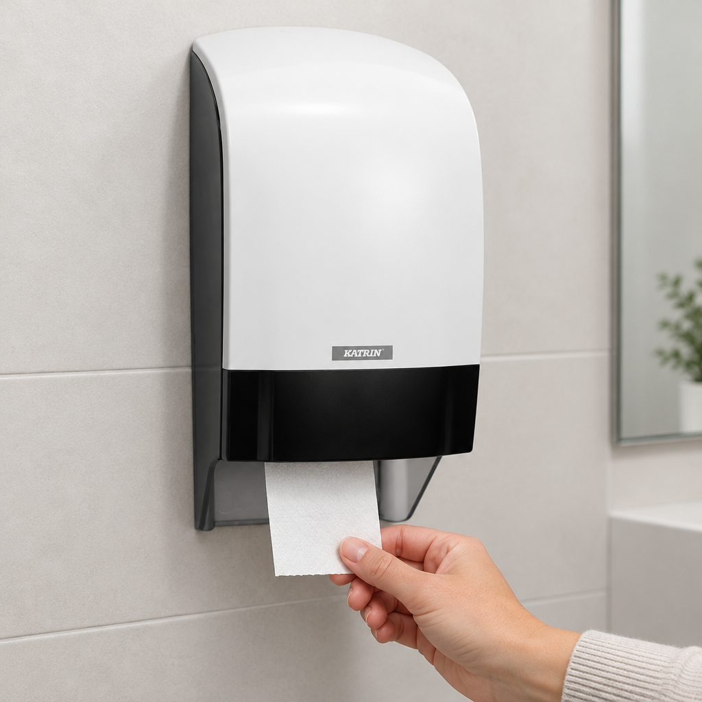 Hvid Katrin System-toiletrulledispenser i brug i lyst toiletrum