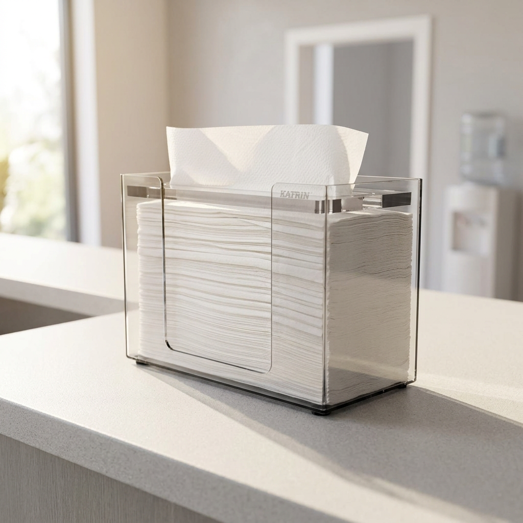 Transparent borddispenser med håndklædeark på lyst klinikbord