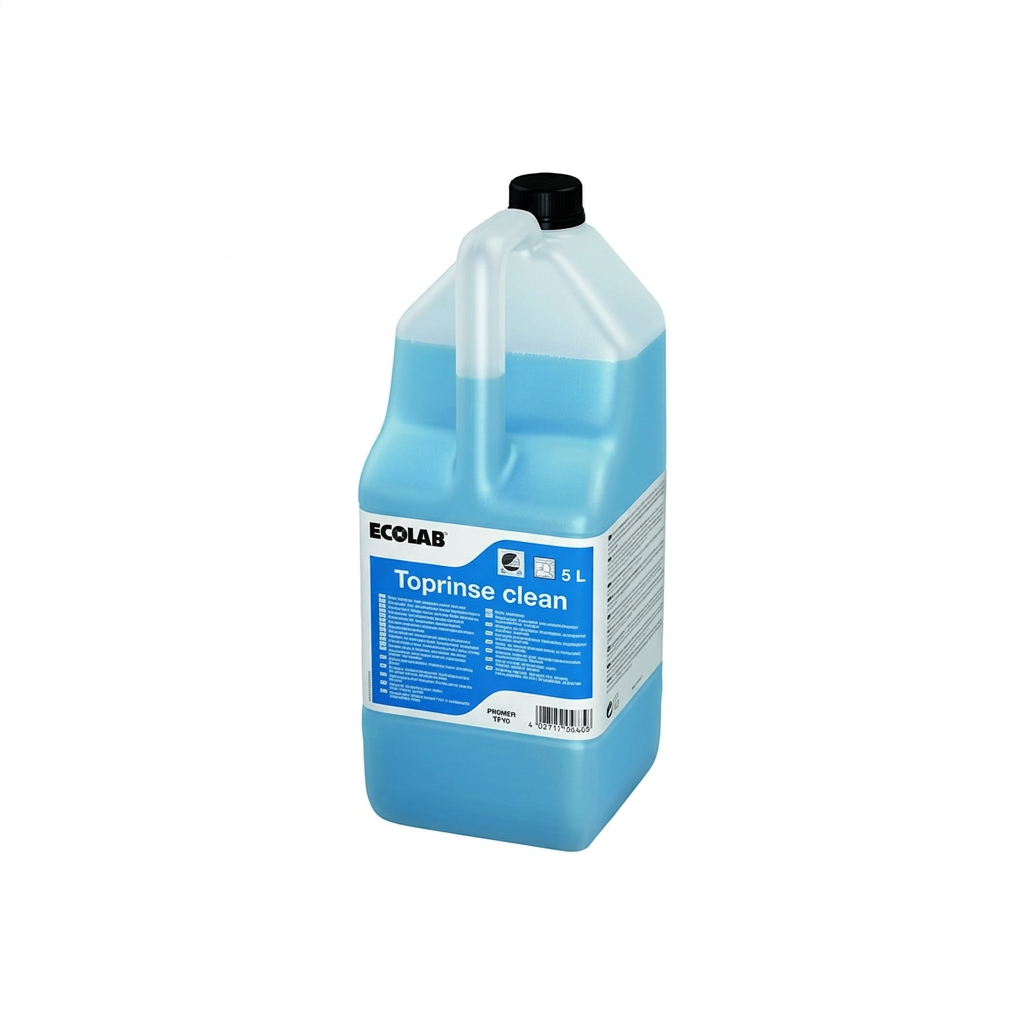 Ecolab Toprinse Clean 5 L i blå væske med sort låg på hvid baggrund