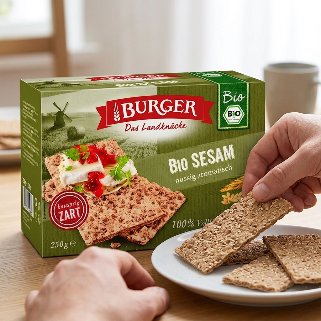 Et stykke Burger Bio Sesam-knækbrød tages fra tallerkenen