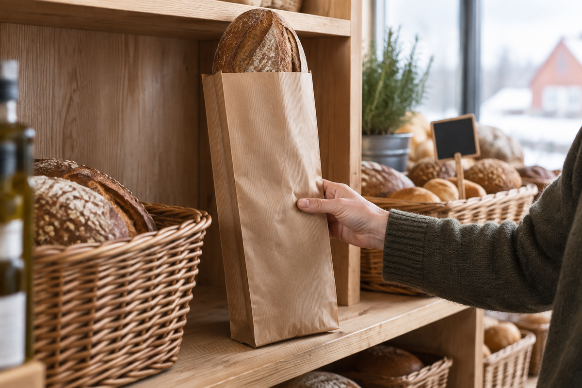 Miljøbillede af ribbet brun brødpose 1062 i gårdbutik