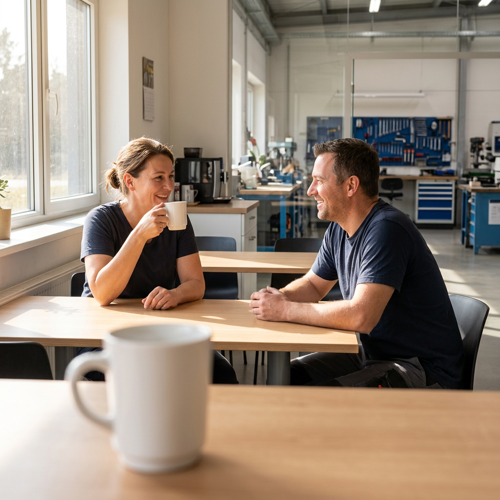 Voksne kolleger holder kaffepause med hvide krus i værkstedets pauserum