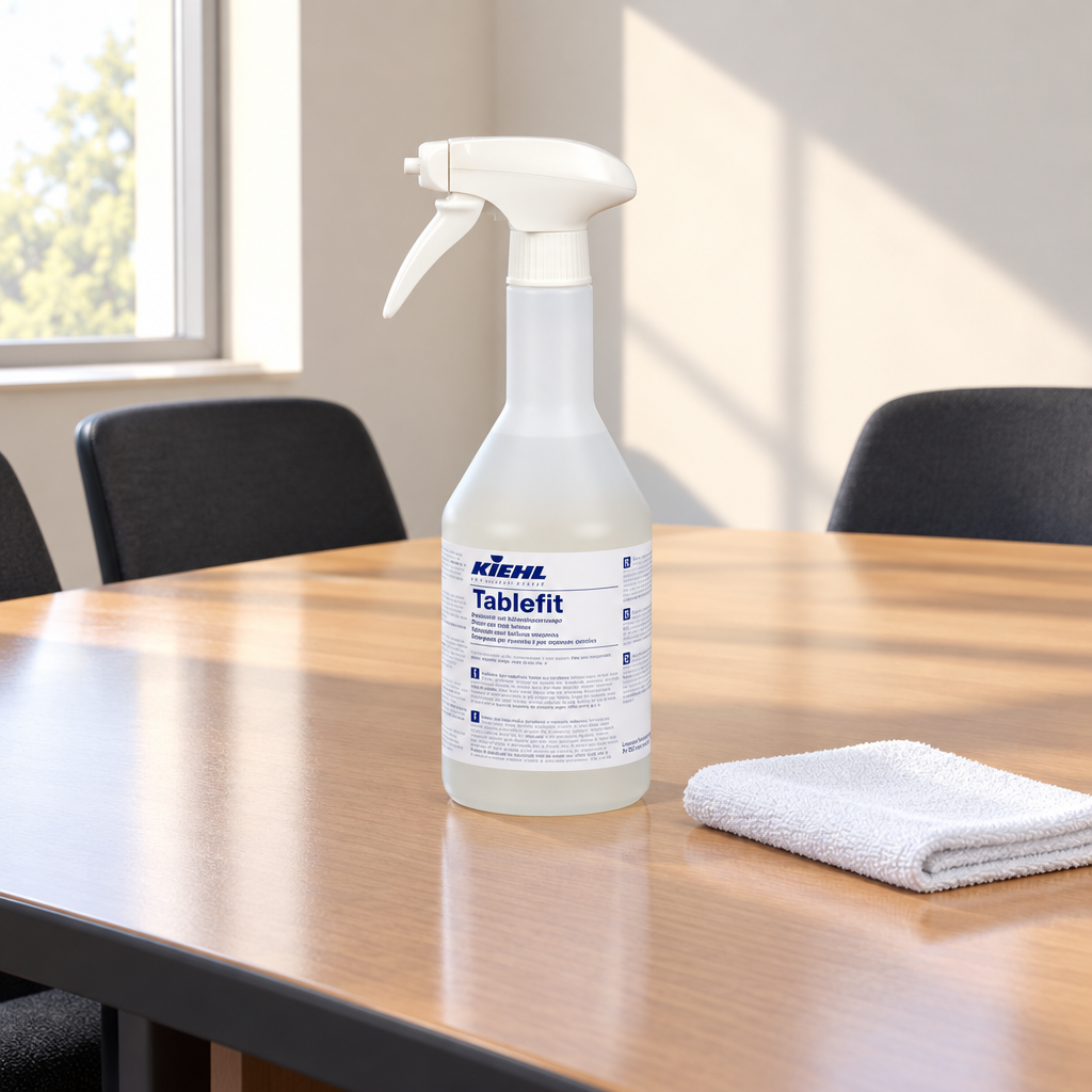 Kiehl Tablefit 750 ml ved mødebord med tør klud