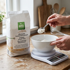 Øko Culinar hvedemel ved afvejning på køkkenvægt