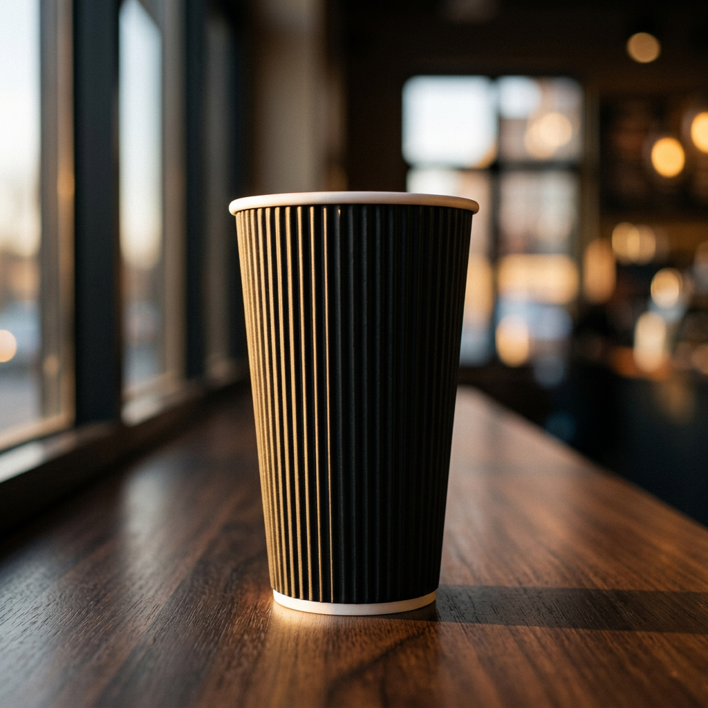 Sort Ripple Wall kaffebæger 40 cl på cafébord ved vindue