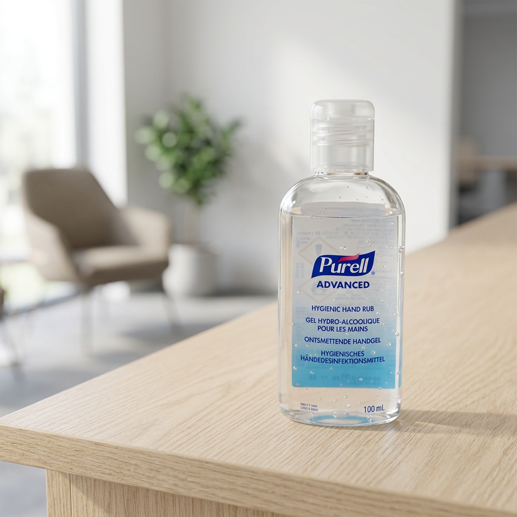 Purell Advanced 100 ml på lyst receptionsbord, stemningsbillede
