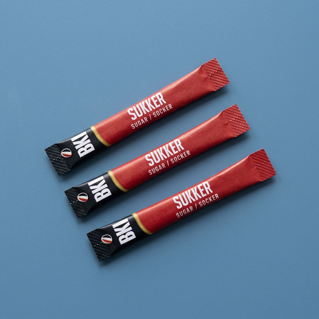 Tre røde og sorte BKI sukkersticks på blåt bord set ovenfra