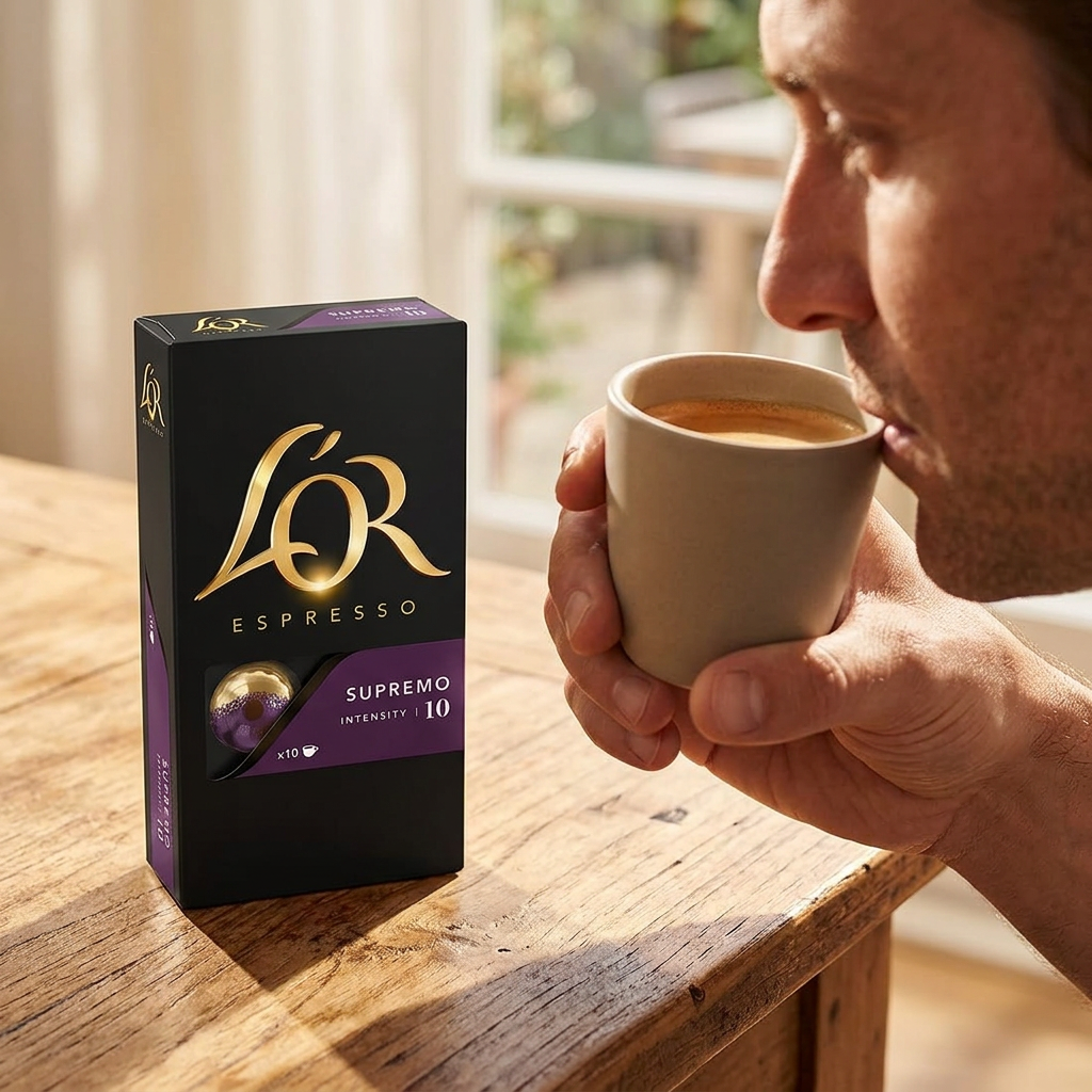 Espressopause med L’OR Supremo 10 på det sollyste bord
