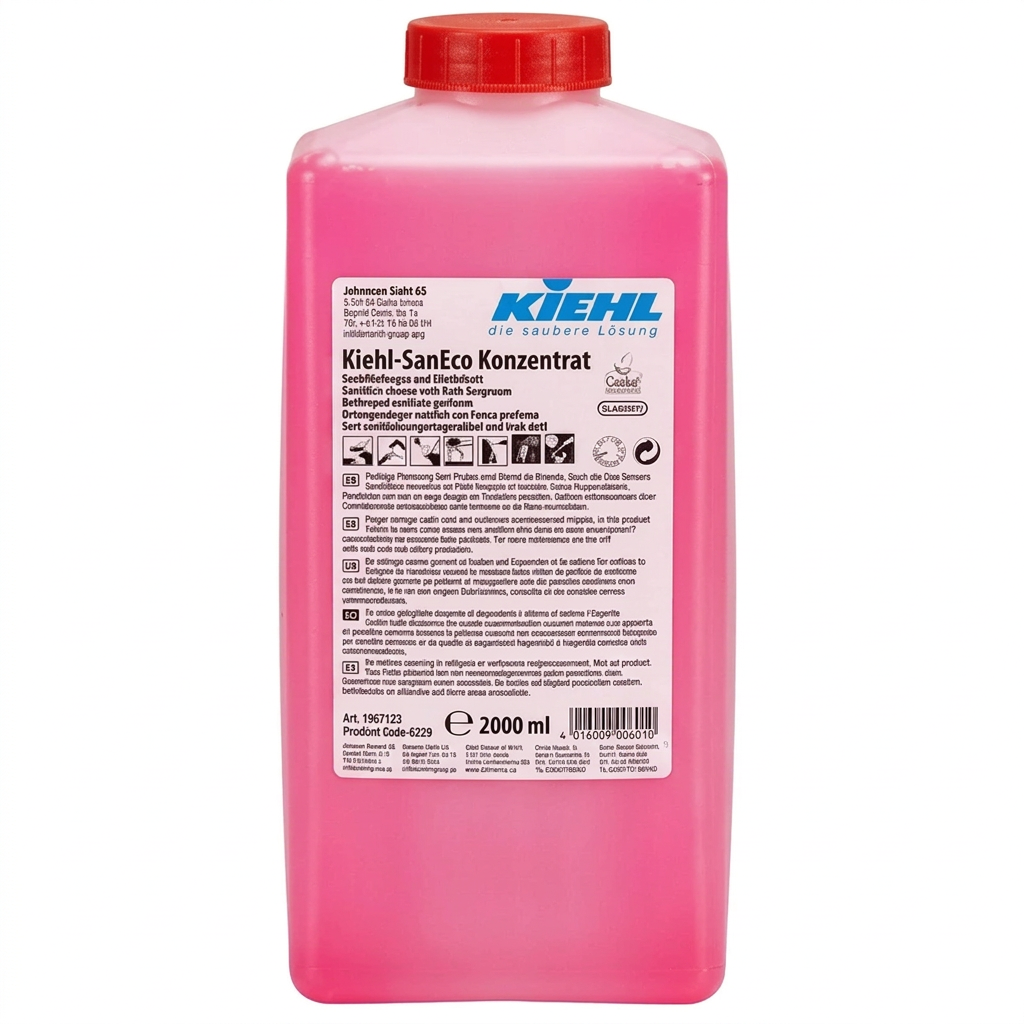 Kiehl SanEco-Koncentrat, enkeltflaske på 2 liter med rødt låg på hvid baggrund. Salgsenhed 3 × 2 liter, varenummer 8197.