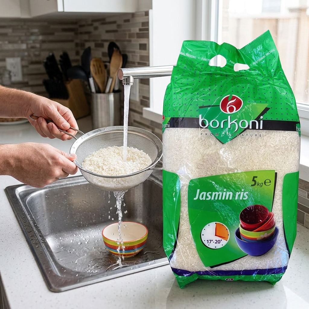 Jasminris skylles i en si ved siden af Borkoni-posen