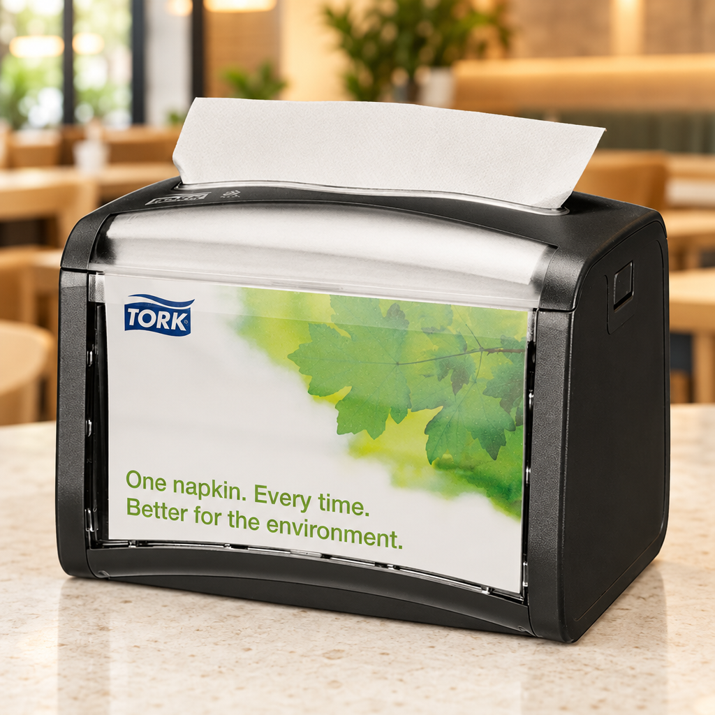 Sort Tork 272611 servietdispenser med synligt Tork-logo ved restaurantens selvbetjening