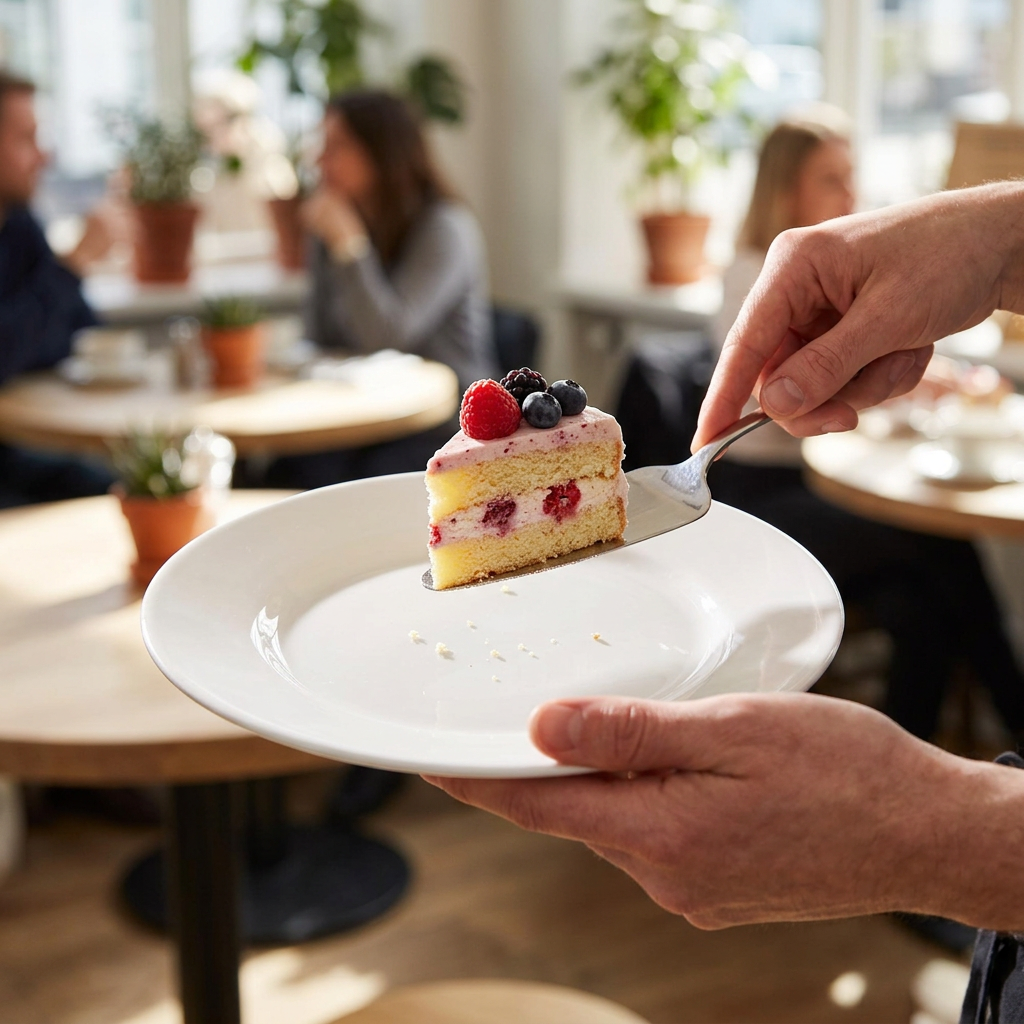 Kage anrettes med kagespade på hvid tallerken