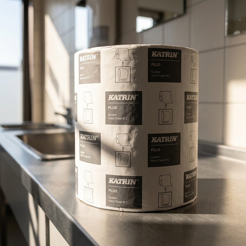 Katrin Plus System-håndklæderulle på et bord i sollys. Miljøbillede; salgsenheden er 6 ruller.